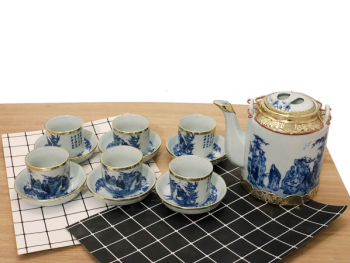 Bộ ấm tích Bát Tràng bọc đồng men lam Trúc Lâm Thất Hiền 1,5 lít